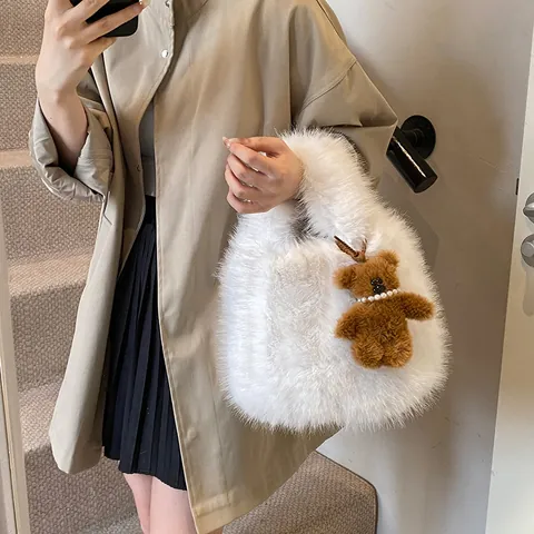 Women Soft Faux Fur Tote Bag Winter Plush Handbag With Bear Pendant Fuzzy Top Handle Bag For Daily Use Office Work Fashion