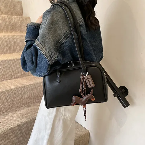 Women Retro PU Leather Bowling Bag Korean Style Solid Color Handbag With Chocolate Dog Charms Shoulder Bag For Daily Use