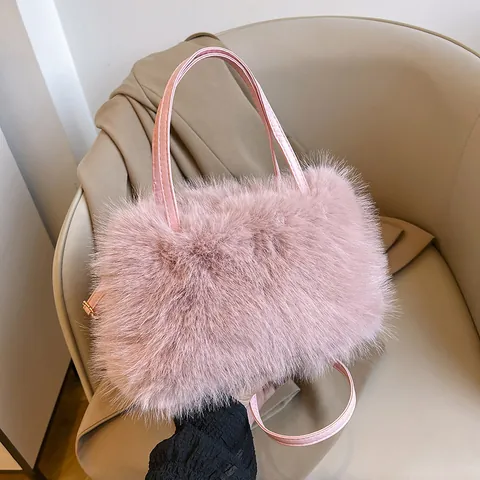 Women Cute Plush Faux Fur Handbag Soft Fuzzy Tote Bag With Adjustable Shoulder Strap Solid Color Crossbody Purse For Autumn Winter