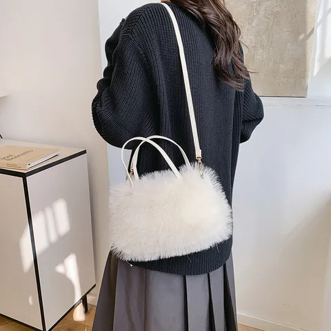 Women Cute Plush Faux Fur Handbag Soft Fuzzy Tote Bag With Adjustable Shoulder Strap Solid Color Crossbody Purse For Autumn Winter
