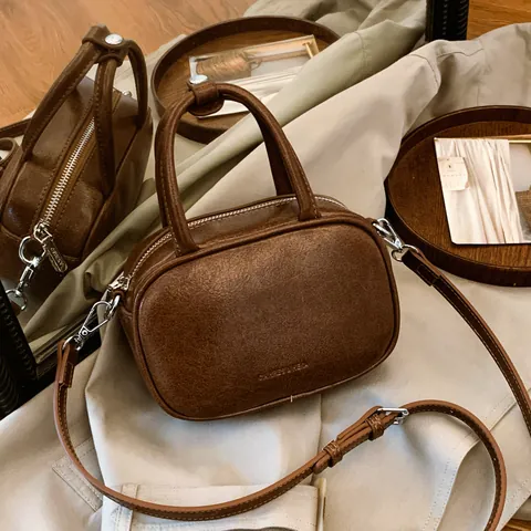 Women Vintage PU Leather Crossbody Bag Small Pillow Square Shoulder Bag With Topstitching Handle Casual Office Handbag