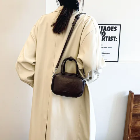 Women Vintage PU Leather Crossbody Bag Small Pillow Square Shoulder Bag With Topstitching Handle Casual Office Handbag