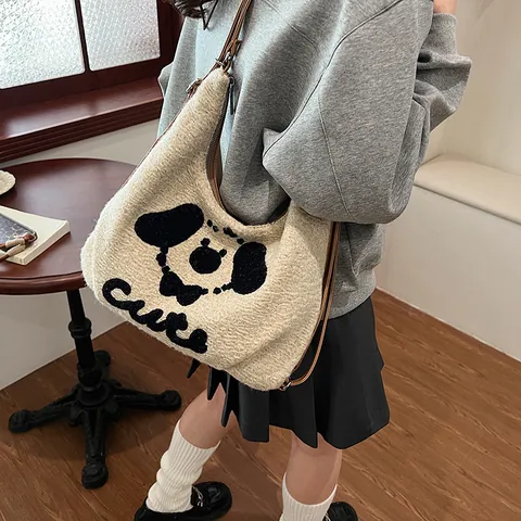 Women Cute Cartoon Dog Plush Tote Bag Large Capacity Casual Shoulder Bag PU Leather Splicing Crossbody Bag Autumn Winter