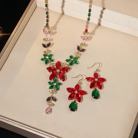 Mode Titanstahl Zirkonia Blume Schmuckset Für Damen Rot Kristall Kamelie Halskette Und Ohrringe Party Schmuck