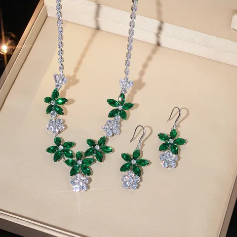 Women Titanium Steel Green Zircon Camellia Flower Jewelry Set Elegant Necklace Earrings Fashion Zirconia Jewelry Suit For Daily Party