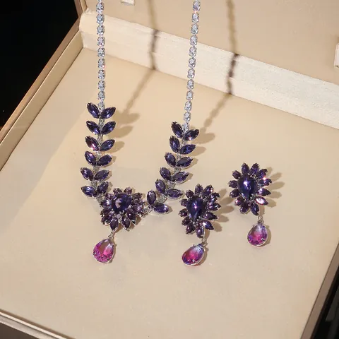 Luxury Alloy Zirconia Purple Camellia Floral Jewelry Set Teardrop Pendant Necklace And Earrings For Women Banquet Wedding