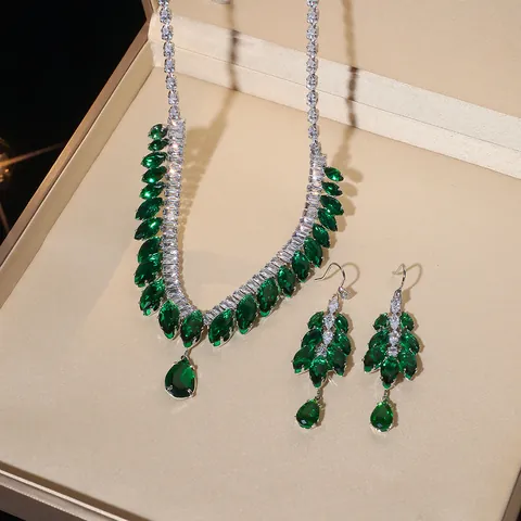 Luxury Emerald Green Zirconia Necklace Earring Set Stainless Steel Wheat Ear Design Elegant Jewelry For Women Party Banquet