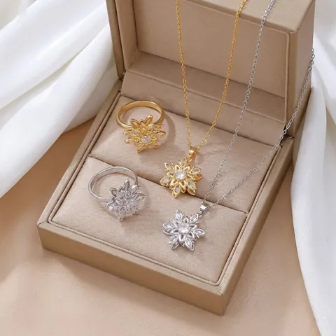 Rotierende Schneeflocke Halskette Und Ring Kupfer Zirkonia Blumenanhänger Spinner Schmuck Für Frauen Elegante Mode Kombination
