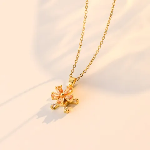 Rotating Zirconia Flower Jewelry Set Stainless Steel Necklace Adjustable Open Ring For Women Elegant Botanical Accessories