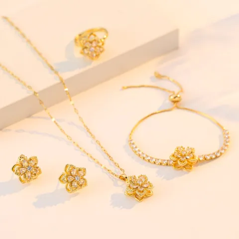 Rotating Zirconia Flower Jewelry Set Stainless Steel Gold Necklace Earrings Ring Adjustable Bracelet Women Fashion Jewelry