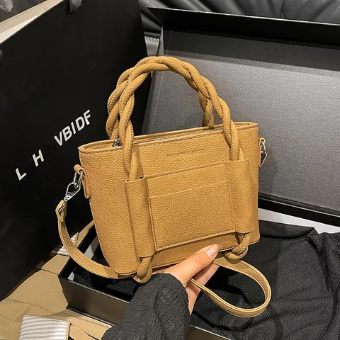 Minimalistische Dames PU Leer Kleine Vierkante Tas Met Gevlochten Handvat Litchi Korrel Crossbody Handtas Voor Dagelijks Gebruik