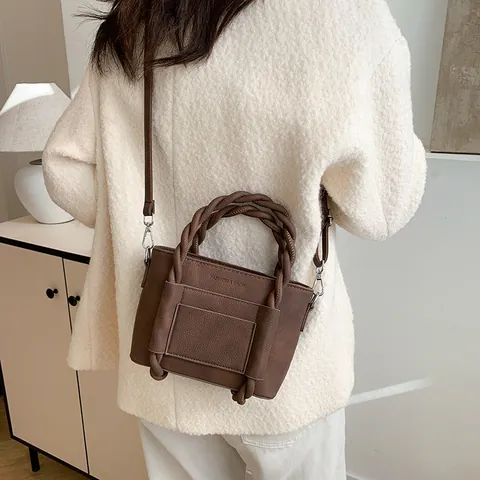 Minimalistische Dames PU Leer Kleine Vierkante Tas Met Gevlochten Handvat Litchi Korrel Crossbody Handtas Voor Dagelijks Gebruik