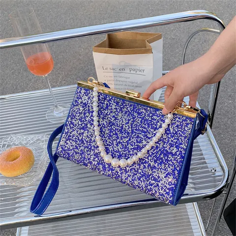 Women Elegant Glitter Sequin Evening Bag With Pearl Handle Fashion Rhinestone Clutch Handbag Detachable Shoulder Strap For Wedding Party Banquet