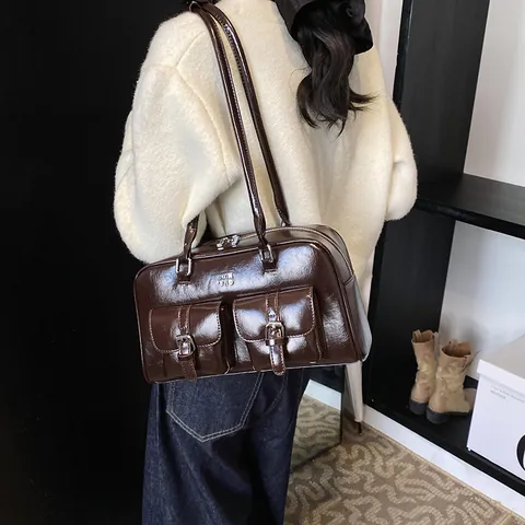 Retro Karo Schultertasche Mit Großer Kapazität Vintage PU Leder Achseltasche Doppeltaschen Herbst Winter Chic Mode Damen Tasche