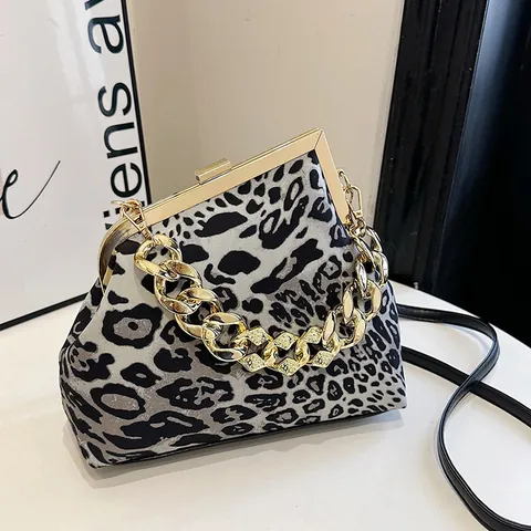 Borsa Donna Vintage a Conchiglia con Chiusura a Scatto Stampa Leopardata Catena Oro Borsa a Tracolla in Tessuto