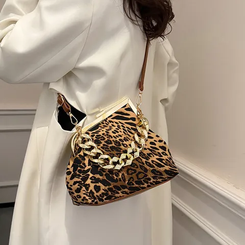 Borsa Donna Vintage a Conchiglia con Chiusura a Scatto Stampa Leopardata Catena Oro Borsa a Tracolla in Tessuto