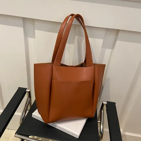 Bolso Tote de Moda para Mujer de Gran Capacidad de Cuero PU Bolso de Hombro Retro Con Bolsillo Delantero Color Sólido