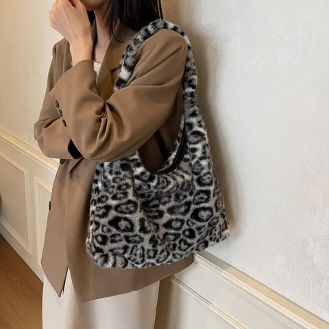 Women Faux Fur Leopard Print Tote Bag Autumn Winter Plush Shoulder Bag Large Capacity Hobo Bag Casual Fashion Handbag