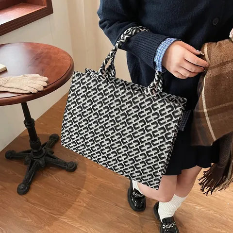 Bolso Tote de Tela Jacquard con Patrón Geométrico Gran Capacidad Bolso de Mano para Mujer Bolso de Hombro Vintage