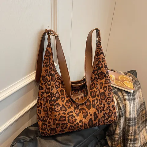 Vintage Leopard Print Suede Fabric Shoulder Bag Women Large Capacity Hobo Tote Bag Adjustable Strap Commute Underarm Bag