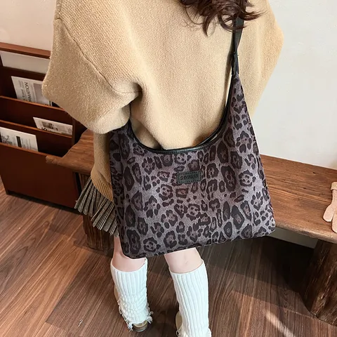 Vintage Leopard Print Suede Fabric Shoulder Bag Women Large Capacity Hobo Tote Bag Adjustable Strap Commute Underarm Bag