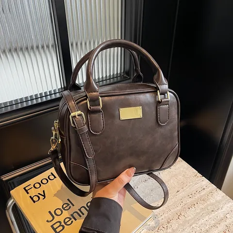 Vintage Damen PU Leder Boston Handtasche Mit Griff Goldene Metallplatte Umhängetasche Schultertasche Für Büro Pendeln