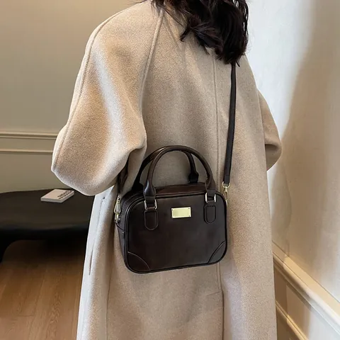 Vintage Damen PU Leder Boston Handtasche Mit Griff Goldene Metallplatte Umhängetasche Schultertasche Für Büro Pendeln