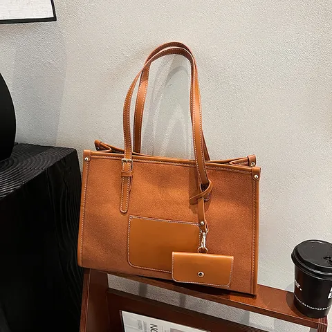 Vintage Women PU Suede Large Capacity Tote Bag Set With Sub Bag Contrast Stitching Commuter Shoulder Bag For Office Daily
