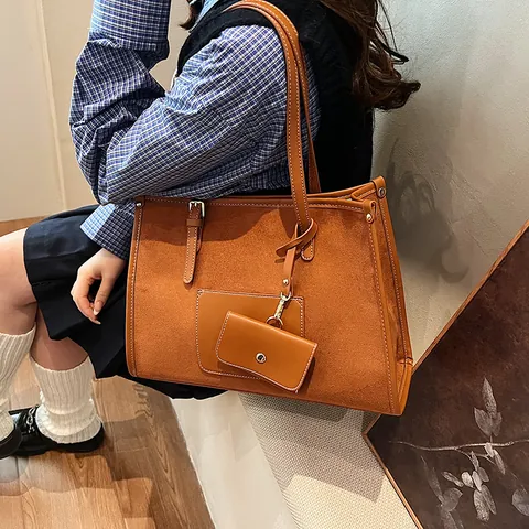 Vintage Women PU Suede Large Capacity Tote Bag Set With Sub Bag Contrast Stitching Commuter Shoulder Bag For Office Daily