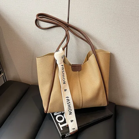 Vintage Large Capacity PU Leather Tote Bag For Women Fashion Litchi Pattern Shoulder Bag With Ribbon Handle Urban Commuter Handbag