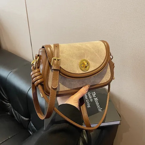 Borsa a Tracolla da Donna in Pelle PU e Tessuto Patchwork Vintage Borsa a Spalla con Chiusura a Girello e Decorazione a Nodo