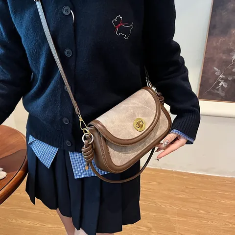 Borsa a Tracolla da Donna in Pelle PU e Tessuto Patchwork Vintage Borsa a Spalla con Chiusura a Girello e Decorazione a Nodo