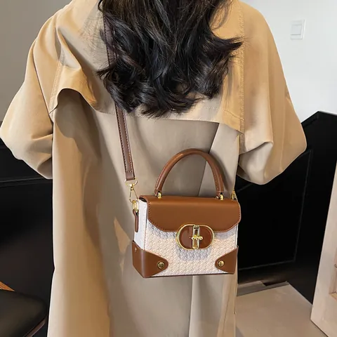 Fashion Women PU Leather Woven Texture Crossbody Bag Retro Small Box Handbag With Gold Metal Rotating Buckle Adjustable Strap