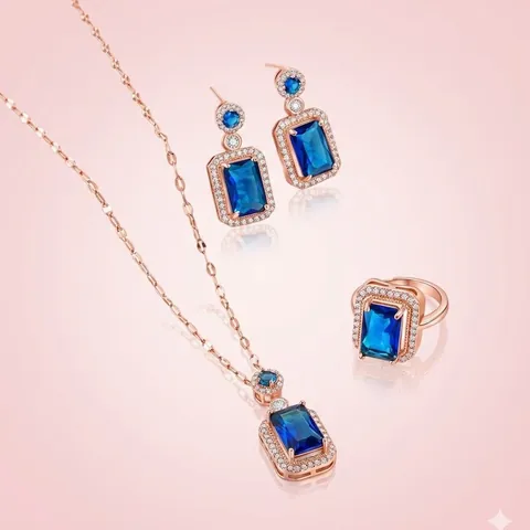 Royal Blue Zircon Rectangle Necklace Earrings Ring Gold Plated Titanium Steel Emerald Cut Cubic Zirconia Women Jewelry Gift