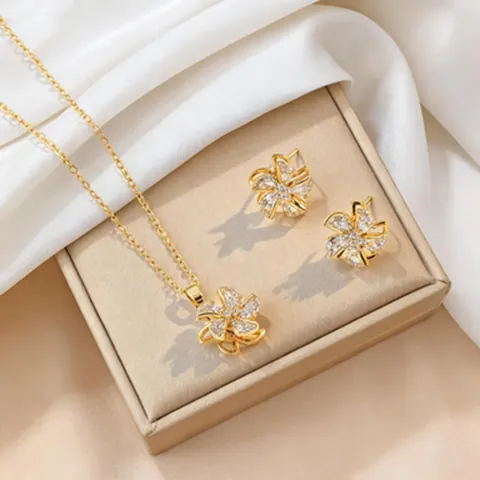 Rotierende Windmühle Zirkon Schmuck Set Edelstahl Blumenkette Und Ohrringe Für Damen Vergoldeter Modeschmuck