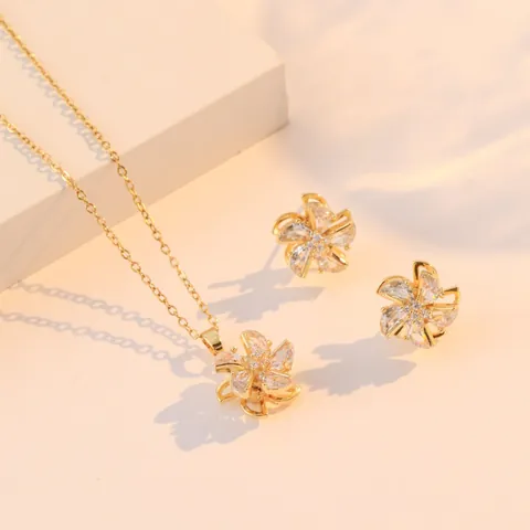 Rotierende Windmühle Zirkon Schmuck Set Edelstahl Blumenkette Und Ohrringe Für Damen Vergoldeter Modeschmuck