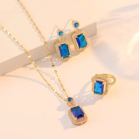 Royal Blue Zircon Rectangle Necklace Earrings Ring Gold Plated Titanium Steel Emerald Cut Cubic Zirconia Women Jewelry Gift