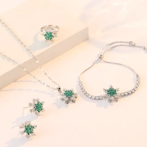 Titanium Steel Copper Zirconia Emerald Green Snowflake Necklace Earrings Ring Bracelet Jewelry Set For Women Christmas Gift