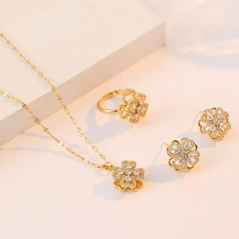 Rotierendes Kleeblatt Herz Blume Schmuckset Titanstahl Vergoldet Zirkonia Halskette Ohrringe Ring Für Damen Koreanischer Stil Schmuck Geschenk