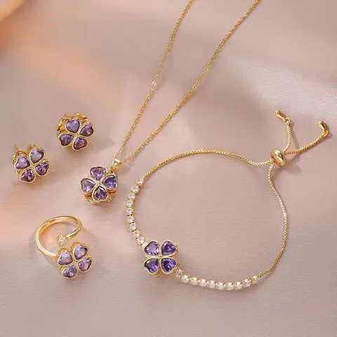 Titanstahl Rotierendes Herz Vierblättriges Kleeblatt Schmuckset Lila Zirkonia Anhänger Halskette Ohrringe Ring Armband Damen Schmuck