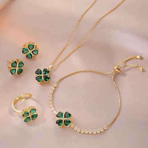 Rotatable Emerald Green Heart Clover Pendant Necklace Bracelet Ring Earrings Gold Plated Titanium Steel Jewelry For Women