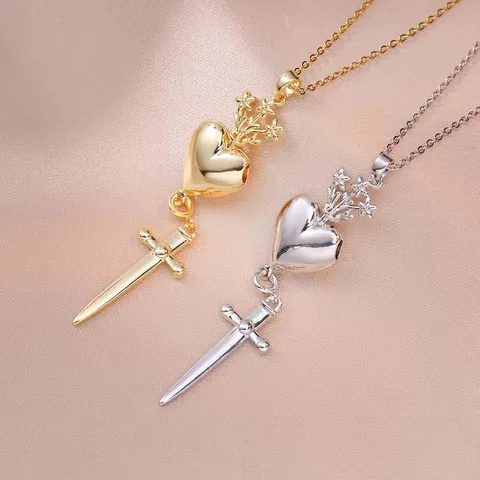 Heart Sword Pendant Necklace Titanium Steel Gothic Vintage Dagger Crown Star Rhinestone Necklaces For Women Punk Jewelry