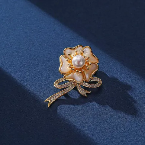 Broche de Flor de Camelia de Estilo Francés para Mujer de Cobre Concha Natural Perla Cinta Lazo Zirconia Incrustada Joyería de Moda Regalo