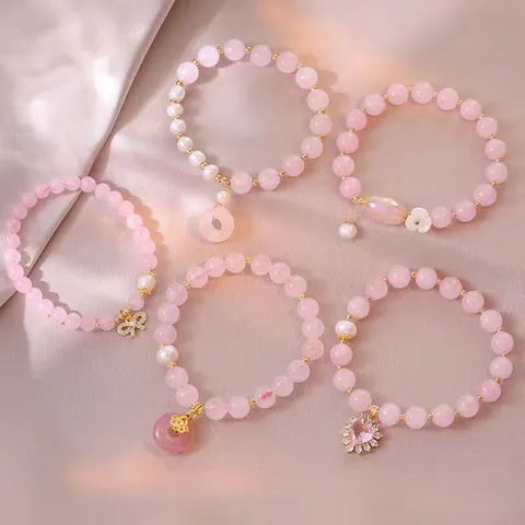 Damen Rosenquarz Süßwasserperle Perlenarmband Vergoldet Blume Herz Schleife Anhänger Armband Eleganter Süßer Schmuck Geschenk