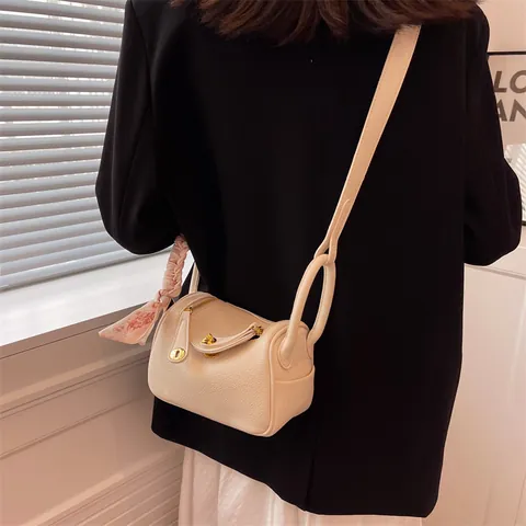 Women PU Leather Boston Handbag With Satin Scarf Lychee Texture Crossbody Bag Gold Hardware Shoulder Bag Fashion Commuting Small Bag