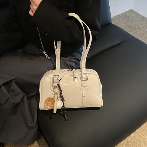 Vintage PU Leather Boston Bowling Bag For Women Korean Style Shoulder Crossbody Handbag With Baseball Charm Sports Theme Bag