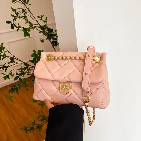 Borsa a Tracolla da Donna a Rombi Trapuntati in Pelle PU Stile di Nicchia Francese con Catena Dorata e Chiusura a Fiore