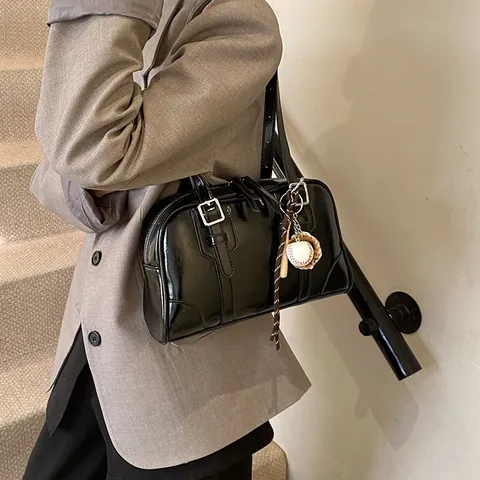 Vintage PU Leather Boston Bowling Bag For Women Korean Style Shoulder Crossbody Handbag With Baseball Charm Sports Theme Bag