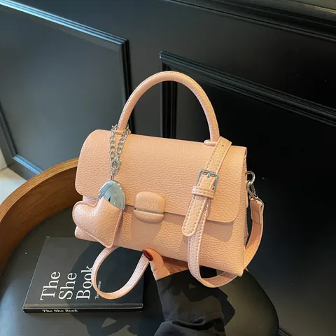 Korean Style PU Leather Litchi Grain Handbag For Women Elegant Niche Heart Pendant Crossbody Shoulder Small Square Bag