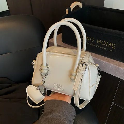 Retro Women Glossy PU Leather Boston Handbag With Heart Pendant Crossbody Shoulder Bag Embossed Letter Small Pillow Bag